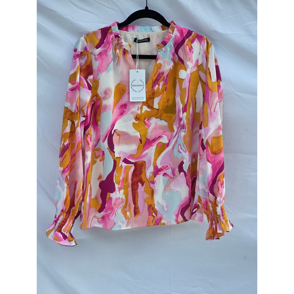 Mascomoda Womens Pink Abstract Marble Print Blouse Smocked Cuff V-Neck Top Small